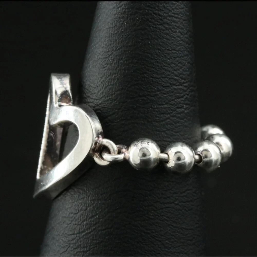 Gucci Sterling Silver Open Heart Beaded Chain Link Ring Sz 6